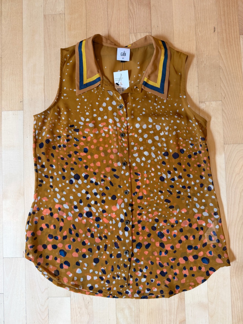 Nwt CAbi Mustard Dot-Print Sleeveless Button Tank with Navy & Blue Trim